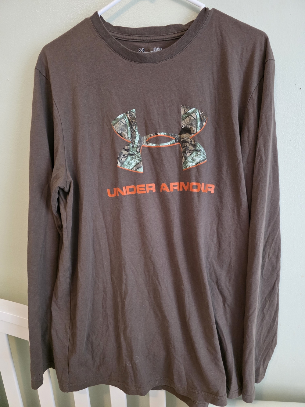 Under Armour Men's Brown Long Sleeve Camo-Logo Tee with Orange Branding